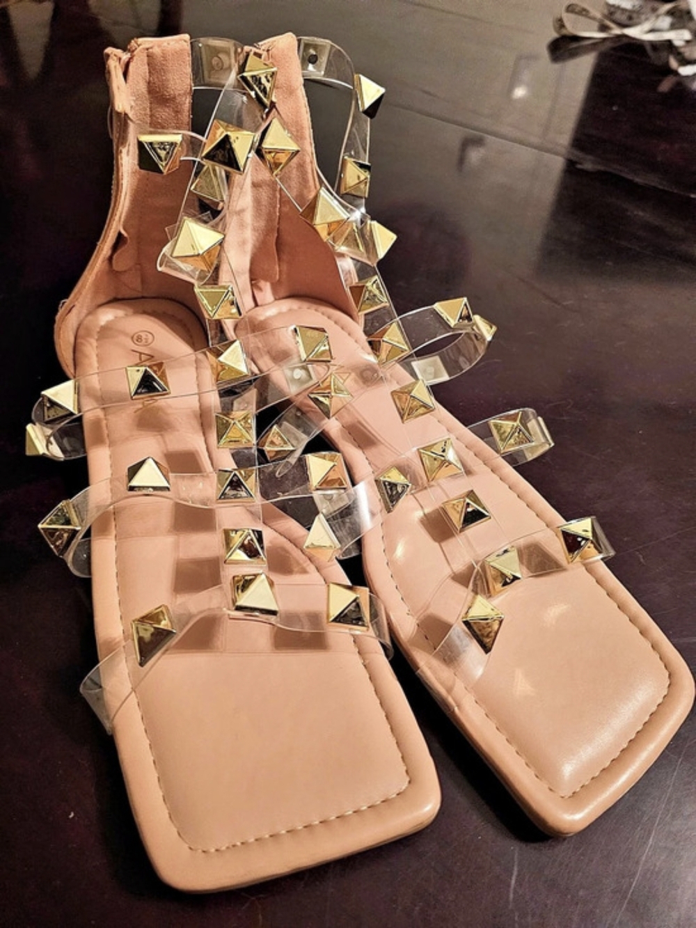 Anna Shoes Spikky-6 Clear Gold Studded Gladiator Sandals Size 8.5